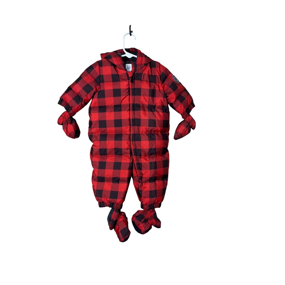 Baby GAP Red Black Buffalo Plaid down Puffer‎ Snowsuit Bunting 0-6 Months